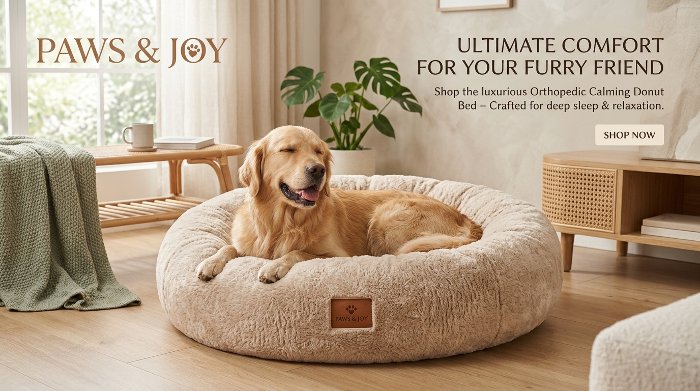 Paws & Joy Orthopädisches Hundebett mit glücklichem Hund